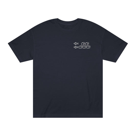 Black t-shirt with white graphic design on a white background. two fish and five loaves clothing. fish and loaves